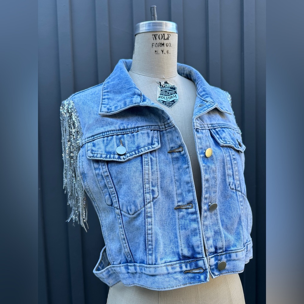 Cropped Denim Jacket/ Vest with Silver Sequin Fringe